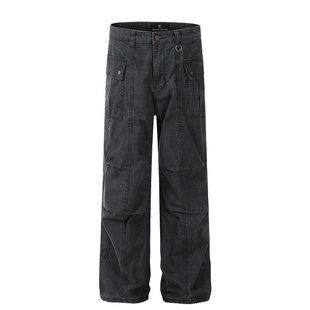 美式复古微喇工装牛仔裤男款直筒宽松阔腿做旧多口袋褶皱休闲裤子