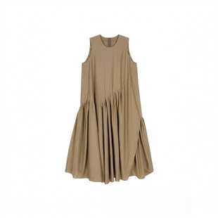 2026春夏日常舒适设计感显瘦褶皱无袖圆领宽松A型休闲长款连衣裙