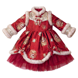 女童国风拜年服连衣裙冬季2026新款儿童过年新中式汉服公主裙冬款