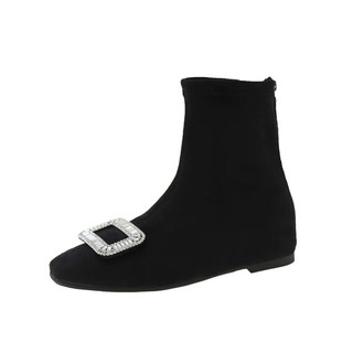 小码31 32 33水钻绒面方扣短靴女黑色百搭方头平底大码41马丁靴43