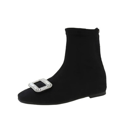 黑色水钻绒面方扣平底女短靴