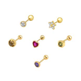 一撇一捺K金耳钉女单只耳骨钉彩色水晶耳饰粉绿钻潮男酷飒小巧