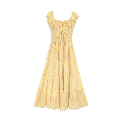 温柔风黄色打揽连衣裙长裙