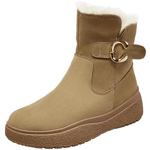 意尔康女鞋冬季加绒保暖棉鞋平底短筒雪地靴户外休闲短靴一脚蹬