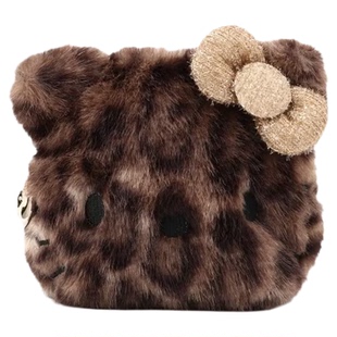 日系卡通猫咪可爱蝴蝶结毛绒刺绣包化妆品零钱收纳包一字包斜跨包