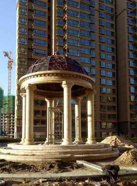 景观园林六角凉亭晚霞红户外乘凉小区公园单层大理石长廊石雕凉亭