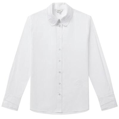 Hazzys哈吉斯翻领绣花长袖衬衫女时尚上衣潮简约通勤净色衬衫