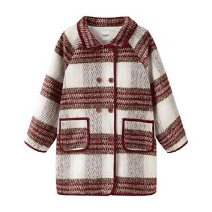 巴拉巴拉童装女童外套复古学院格子毛呢大衣百搭薄红色