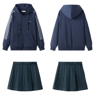 东京岁时记jk原创刺绣日系学院风藏青色撞灰色三条杠长袖卫衣开衫