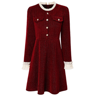 海青蓝小香风红色连衣裙女2025春装新款气质高级感花边领收腰裙子