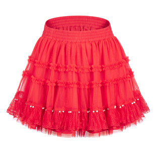 洋装蓬蓬短裙显瘦蛋糕裙裤网纱松紧腰红色广场舞大摆跳舞半身裙女