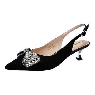 星期六优雅后空凉鞋春夏新款气质宴会水钻蝴蝶结小猫跟包头凉鞋女