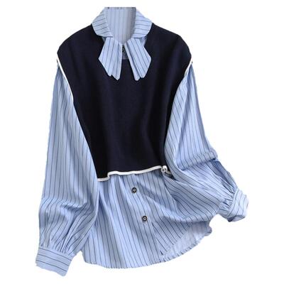 长袖女衬衫高腰百褶半身裙套装