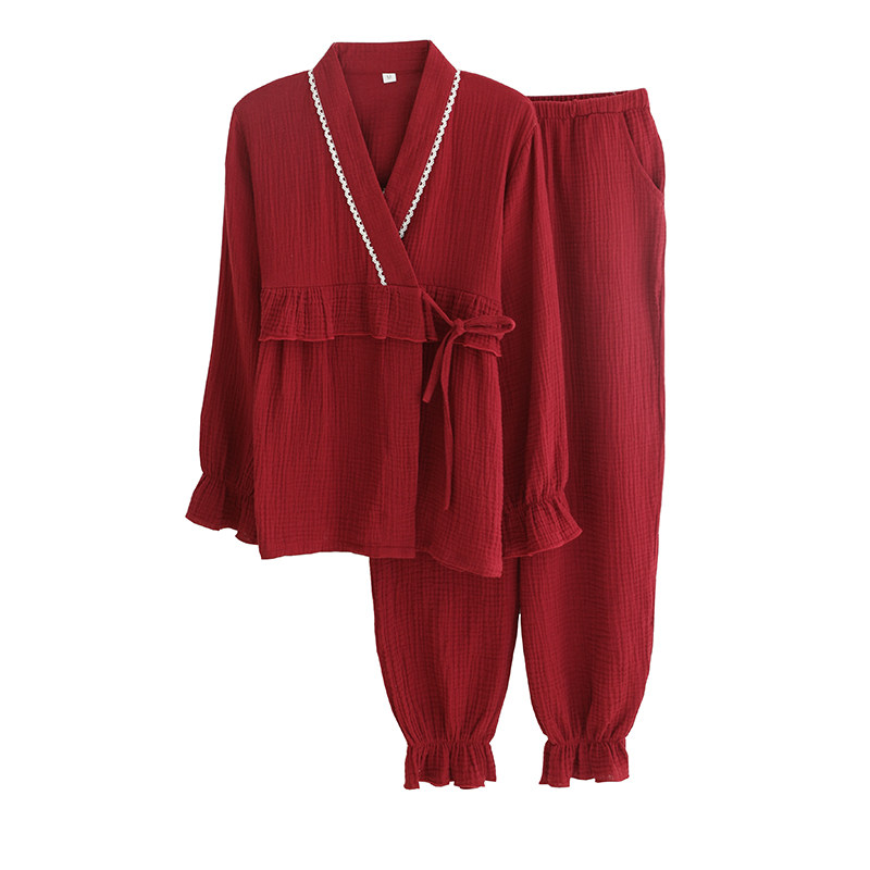 春秋日式和服睡衣女士改良中国风红色纯棉棉纱浴衣柔软家居服套装