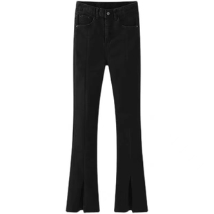 黑色开叉牛仔裤女秋冬加绒胖mm宽松显瘦大码弹力小个子九分烟管裤