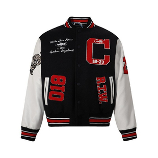 corteiz美潮复古高街秋冬撞色拼接重工刺绣PU皮袖棒球服夹克外套