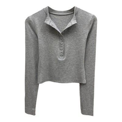 韩版辣妹垫肩长袖半开领打底衫女