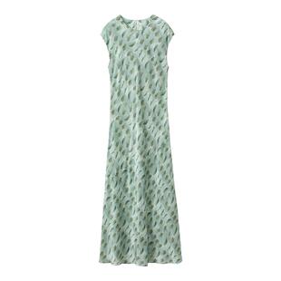 区别市场版1OO真丝双绉 小盖袖不对称斜裁收腰桑蚕丝印花连衣裙子