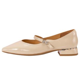 木林森女鞋2025新款真皮舒适一字扣带低跟小皮鞋通勤尖头浅口单鞋