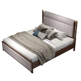 新中式乌金木实木床头层真皮软包靠背1.8米婚床轻奢卧室家具双人