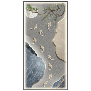 九鱼图玄关装饰画入户正对门走廊过道挂画轻奢高级感led带灯壁画