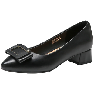 蜘蛛王女鞋尖头通勤真皮软底皮鞋舒适不累脚工作鞋女粗跟中跟单鞋