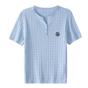 OSA欧莎立体扭花针织衫T恤女2025夏季新款休闲通勤V领套头衫上衣