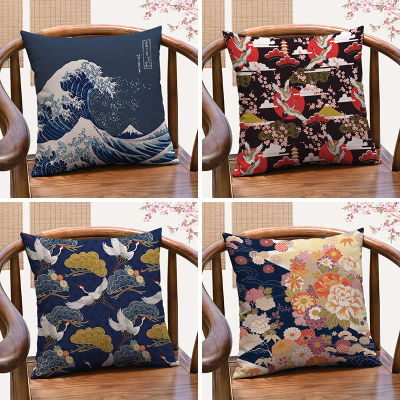 日式榻榻米抱枕浮世绘神奈川冲浪里沙发靠垫办公室床头靠背腰枕