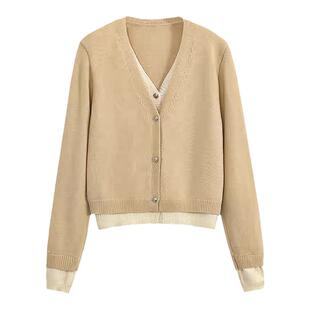 SA小树2024春秋气质黑白假两件针织衫女学院风撞色毛衣外套开衫潮