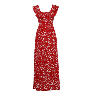 DPLAY红色连衣裙女新款法式荷叶边独特度假裙子长裙2026年夏季