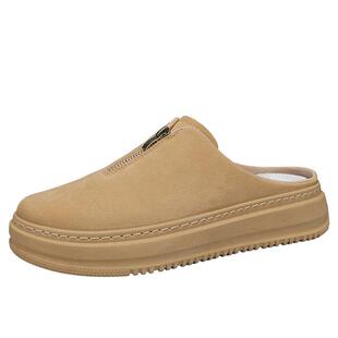 半拖鞋男款冬季外穿防滑真皮勃肯鞋青少年户外一脚蹬无后跟包头拖