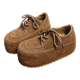 复古真皮大头面包鞋女厚底松糕丑萌勃肯鞋小个子内增高休闲乐福鞋