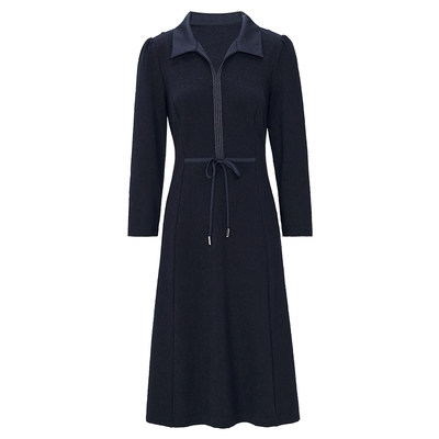 马天奴藏蓝翻领长袖收腰连衣裙