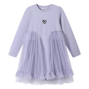 安奈儿童装女童长袖连衣裙2025春新款甜美弹力黑色A字网纱裙子