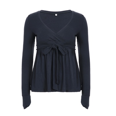 蕾丝拼接V领绑带褶皱长袖上衣