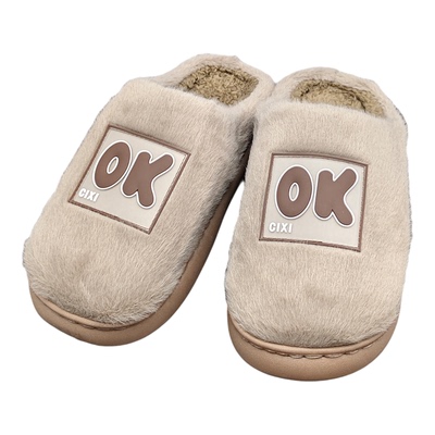 男款OK字母加厚毛毛棉拖鞋秋冬季厚底加绒保暖居家室内防滑懒人鞋