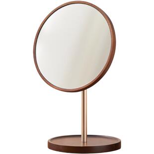 木制化妆镜台式梳妆镜桌面镜子可旋转高清美妆镜首饰收纳简约