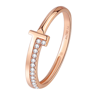 甜酷帅气设计质感玥景18K玫瑰金750彩金网红大牌T型锆石尾戒指环