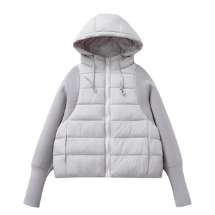 2025轻薄针织袖羽绒棉服女短款假两件连帽小个子棉衣厚款夹棉外套