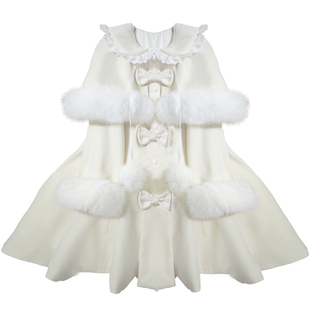 富家千金大码毛领斗篷大衣形气质毛呢名媛风蝴蝶结甜美外套200斤