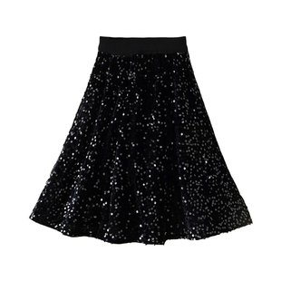 女童亮片半身裙冬季新款黑色长款半裙儿童百褶裙修身显瘦丝绒裙子
