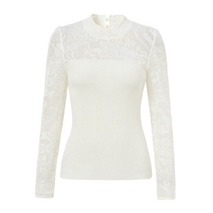 马天奴2025冬季新款白色镂空提花针织衫圆领修身毛衫时尚女含羊毛