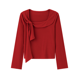 超级文 别意与之天丝发热设计感解构蝴蝶结红色针织衫女微胖大码