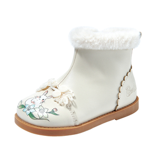 芭比童鞋女童靴子2025新款冬季加绒小童棉靴汉服鞋宝宝靴儿童短靴
