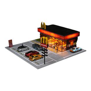 麦当劳便利店仿真停车场模型场景加油站玩具车收纳合金车模1:64