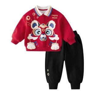 男童卫衣套装童装红色国潮秋冬中小童加绒两件套儿童冬季衣服薄绒