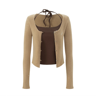 UNIFREE大U领针织开衫美式辣妹修身显瘦闪银挂脖吊带百搭两件套装