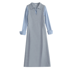 孕妇连衣裙春秋季2026新款灰色韩版衬衫拼接长袖翻领中长款卫衣裙