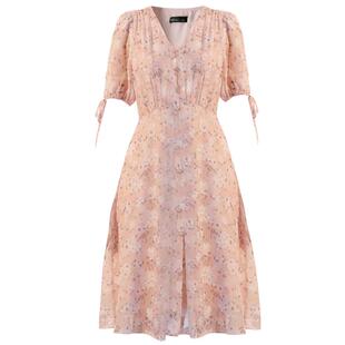 未风粉色雪纺碎花V领连衣裙女夏2026夏装新款法式泡泡袖显瘦裙子