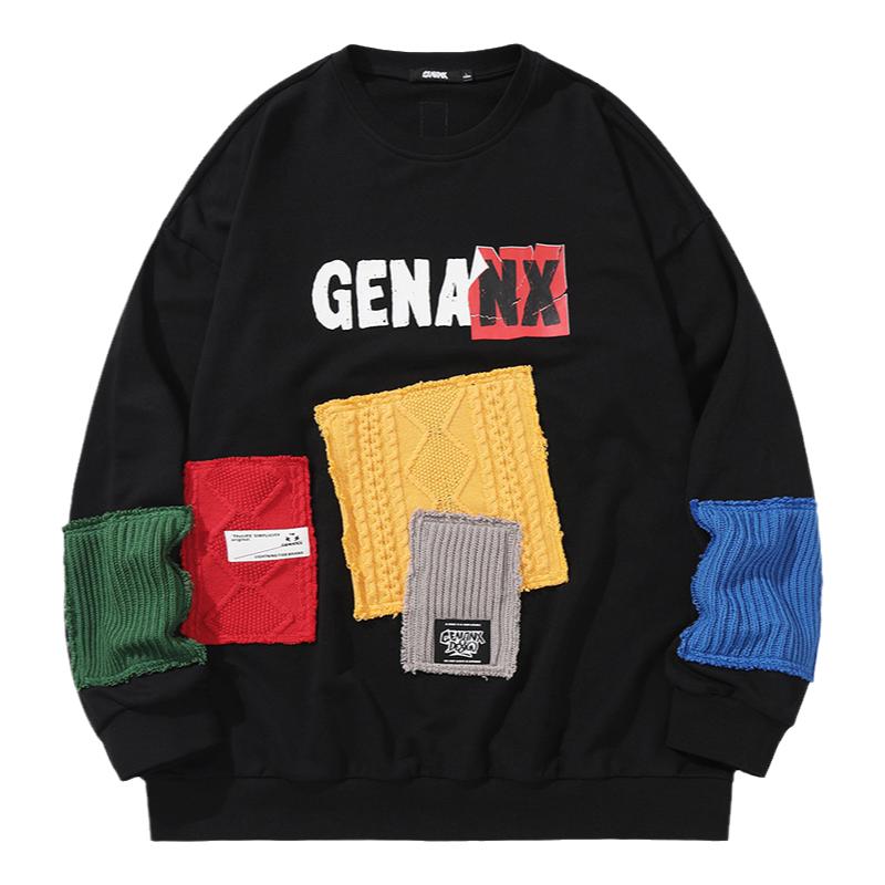 GENANX闪电潮牌糖果色贴布卫衣宽松春季新款印花圆领纯棉情侣卫衣